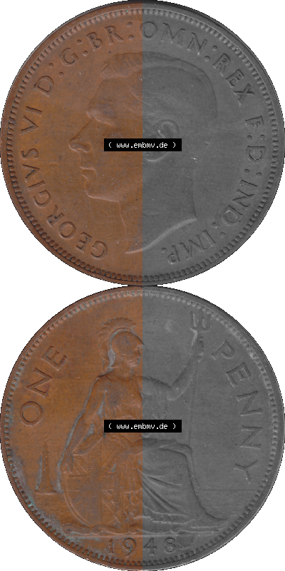 Großbritannien Umlaufmünze 1937-1948, 1 One Penny 1948 (Stück 2) , George VI, GEORGIVS VI DGBROMNREX FDINDIMP. HP Sammlung