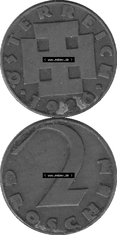 2 / Zwei Groschen Österreich in s/w Schwarzweiß bzw. Graustufen Farbgebung von Scanner transparenten PNG 1925-1938, 2 Zwei Groschen,... Sammlung