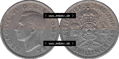 Alte Münze Großbritannien, Bild in Farbe bzw. Color PNG-Grafik, Umlaufmünze aus dem Zeitraum 1947-1948, 2 Schilling-Florin,... Sammlung