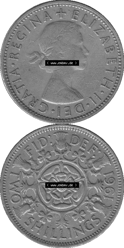 Alte Münze Großbritannien, Bild in s/w bzw. Graustufen PNG-Grafik, Umlaufmünze aus dem Zeitraum 1954-1970, 2 Schilling-Florin,... Sammlung