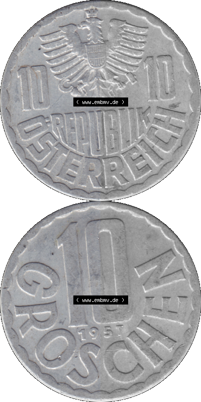 10 / Zehn Groschen Österreich in original Farbgebung von Scanner transparenten PNG 1951-2001, 10 Groschen 1957 (Stück 1) Sammlung