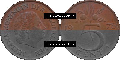 Alte Münze Niederlande in Farbe 1950-1980, 5 Cent Königin Juliana 1978, Nederland Sammlung