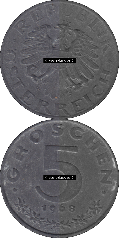 Österreich 5 / Fünf Groschen in Farbe/Color 1948-1994, 5 Groschen 1968 (Stück 1) Sammlung