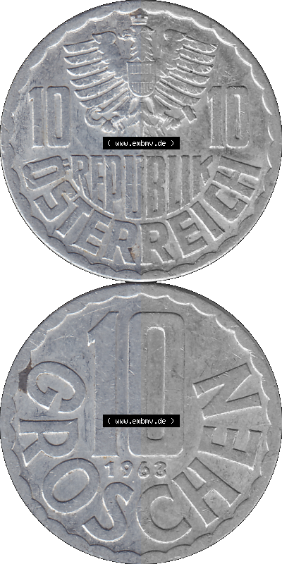 10 / Zehn Groschen Österreich in original Farbgebung von Scanner transparenten PNG 1951-2001, 10 Groschen 1963 (Stück 1) Sammlung