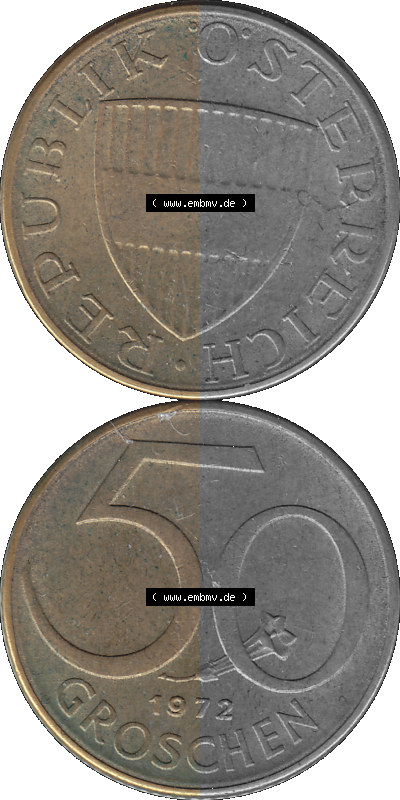 50 / Fünfzig Groschen Österreich in original Farbgebung von Scanner transparenten PNG 1959-2001, 50 Groschen 1972 (Stück 1),... Sammlung
