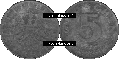 Österreich 5 / Fünf Groschen in s/w / grau / Graustufen 1948-1994, 5 Groschen 1955 (Stück 1) Graustufen Sammlung