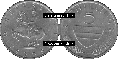 5 / Fünf Schilling Österreich in s/w Schwarzweiß bzw. Graustufen Farbgebung von Scanner transparenten PNG 1968-2001, 5 Schilling... Sammlung