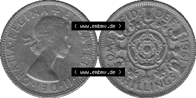 Alte Münze Großbritannien, Bild in s/w bzw. Graustufen PNG-Grafik, Umlaufmünze aus dem Zeitraum 1954-1970, 2 Schilling-Florin,... Sammlung