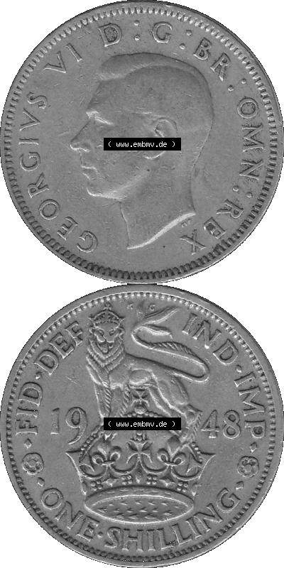 Alte Münze Großbritannien, Bild in s/w bzw. Graustufen PNG-Grafik 1947-1948, 1 One Schilling - One Shilling, 1948 (Stück 8)... Sammlung