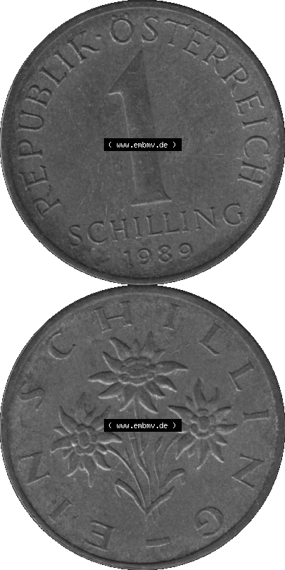 Österreich 1 / Ein Schilling in Graustufen 1959-2001, 1 Schilling 1989 (Stück 1) Graustufen Sammlung