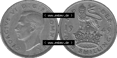 Alte Münze Großbritannien, Bild in s/w bzw. Graustufen PNG-Grafik 1949-1951, 1 One Schilling - One Shilling, 1949 (Stück 1)... Sammlung