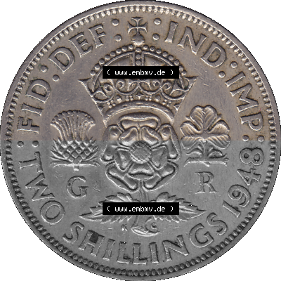 Alte Münze Großbritannien, Bild in Farbe bzw. Color PNG-Grafik, Umlaufmünze aus dem Zeitraum 1947-1948, 2 Schilling-Florin,... Sammlung