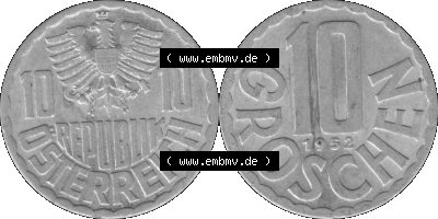 10 / Zehn Groschen Österreich in s/w Schwarzweiß bzw. Graustufen Farbgebung von Scanner transparenten PNG 1951-2001, 10 Groschen... Sammlung