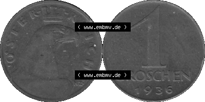 1 / Ein Groschen Österreich in s/w Schwarzweiß bzw. Graustufen Farbgebung von Scanner transparenten PNG 1925-1938, 1-Ein Groschen,... Sammlung