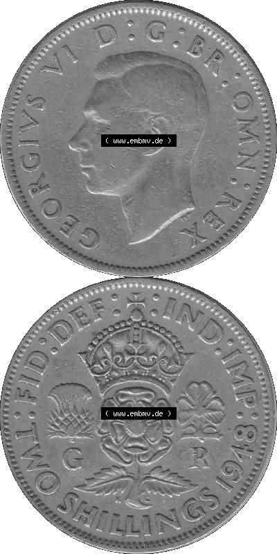 Alte Münze Großbritannien, Bild in s/w bzw. Graustufen PNG-Grafik, Umlaufmünze aus dem Zeitraum 1947-1948, 2 Schilling-Florin,... Sammlung
