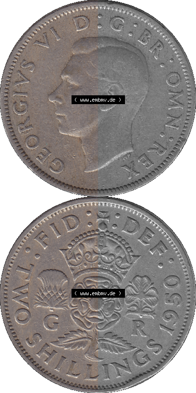Alte Münze Großbritannien, Bild in Farbe bzw. Color PNG-Grafik, Umlaufmünze aus dem Zeitraum 1949-1951, 2 Schilling-Florin,... Sammlung