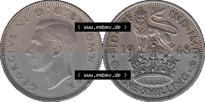 Alte Münze Großbritannien, Bild in Farbe bzw. Color PNG-Grafik 1947-1948, 1 One Schilling - One Shilling, 1948 (Stück 7) Stehender... Sammlung