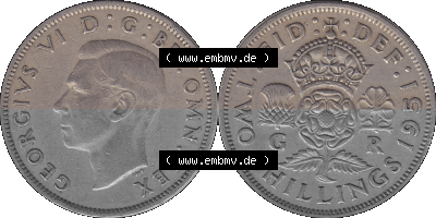 Alte Münze Großbritannien, Bild in Farbe bzw. Color PNG-Grafik, Umlaufmünze aus dem Zeitraum 1949-1951, 2 Schilling-Florin,... Sammlung