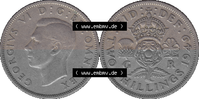 Alte Münze Großbritannien, Bild in Farbe bzw. Color PNG-Grafik, Umlaufmünze aus dem Zeitraum 1949-1951, 2 Schilling-Florin,... Sammlung