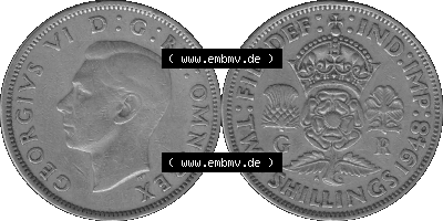 Alte Münze Großbritannien, Bild in s/w bzw. Graustufen PNG-Grafik, Umlaufmünze aus dem Zeitraum 1947-1948, 2 Schilling-Florin,... Sammlung