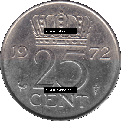 Alte Münze Niederlande in Farbe 1950-1980, 25 Cent Königin Juliana 1972, Fünfundzwanzig Cent Sammlung