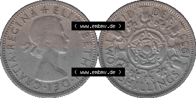 Alte Münze Großbritannien, Bild in Farbe bzw. Color PNG-Grafik, Umlaufmünze aus dem Zeitraum 1954-1970, 2 Schilling-Florin,... Sammlung