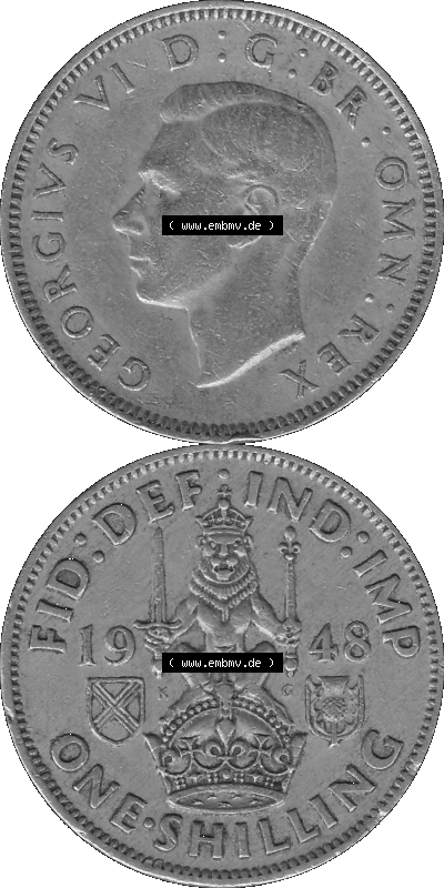 Alte Münze Großbritannien, Bild in s/w bzw. Graustufen PNG-Grafik 1947-1948, 1 One Schilling - One Shilling, 1948 (Stück 10)... Sammlung