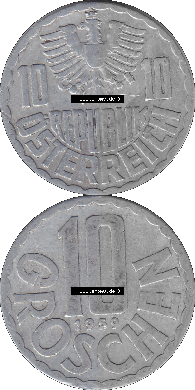 10 / Zehn Groschen Österreich in original Farbgebung von Scanner transparenten PNG 1951-2001, 10 Groschen 1959 (Stück 2) Sammlung