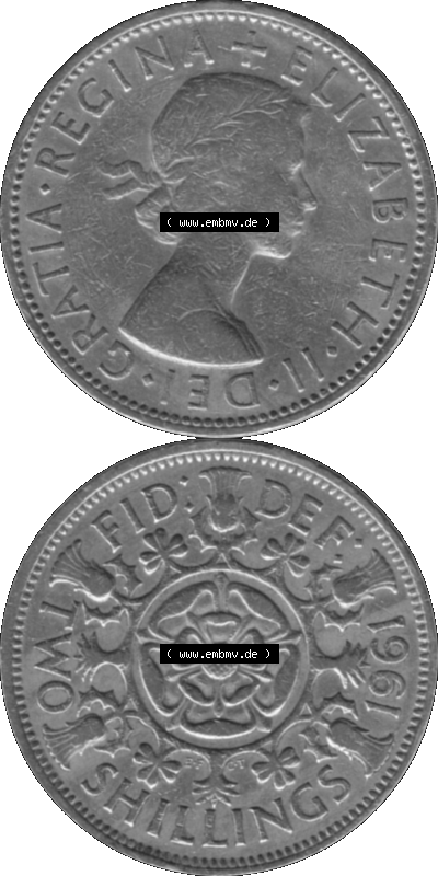 Alte Münze Großbritannien, Bild in s/w bzw. Graustufen PNG-Grafik, Umlaufmünze aus dem Zeitraum 1954-1970, 2 Schilling-Florin,... Sammlung