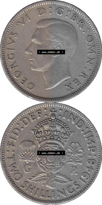 Alte Münze Großbritannien, Bild in Farbe bzw. Color PNG-Grafik, Umlaufmünze aus dem Zeitraum 1947-1948, 2 Schilling-Florin,... Sammlung