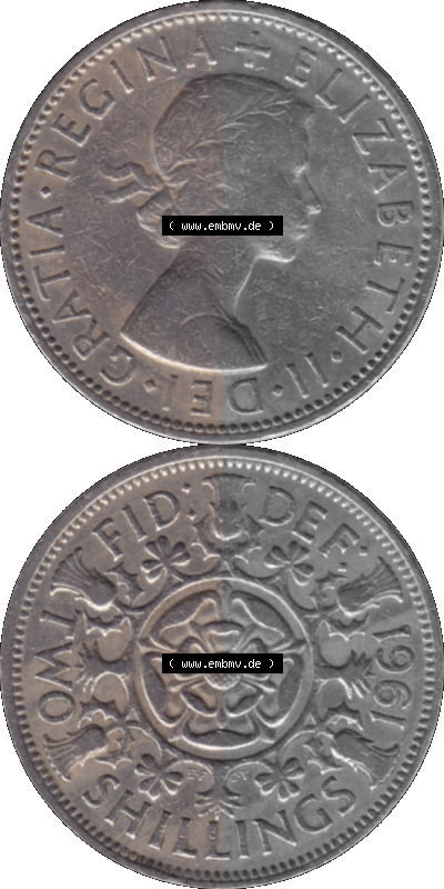 Alte Münze Großbritannien, Bild in Farbe bzw. Color PNG-Grafik, Umlaufmünze aus dem Zeitraum 1954-1970, 2 Schilling-Florin,... Sammlung