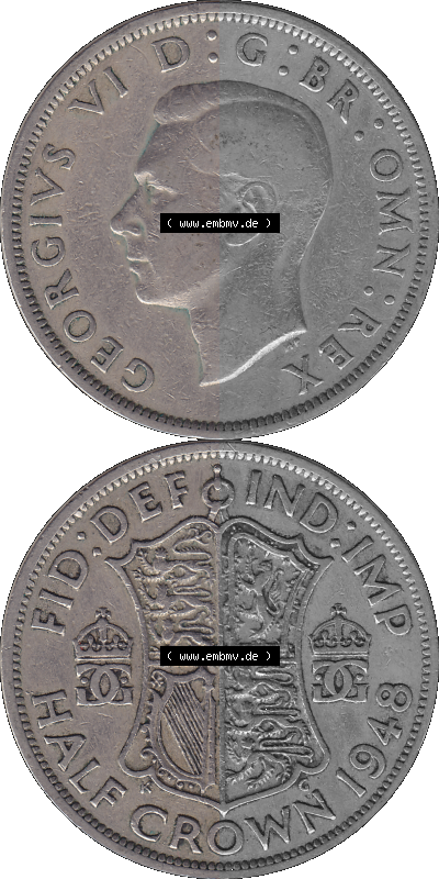 Alte Münze Großbritannien, Bild in Farbe bzw. Color PNG-Grafik 1947-1948, Halbe - 1/2 Krone, Half Crown 1948 (Stück 2) , George... Sammlung