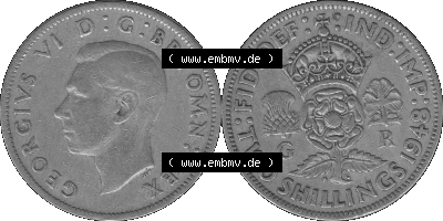 Alte Münze Großbritannien, Bild in s/w bzw. Graustufen PNG-Grafik, Umlaufmünze aus dem Zeitraum 1947-1948, 2 Schilling-Florin,... Sammlung