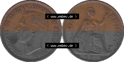 Großbritannien Umlaufmünze 1937-1948, 1 One Penny 1940 (Stück 1), George VI, GEORGIVS VI DGBROMNREX FDINDIMP. HP Sammlung