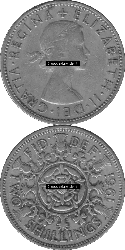 Alte Münze Großbritannien, Bild in s/w bzw. Graustufen PNG-Grafik, Umlaufmünze aus dem Zeitraum 1954-1970, 2 Schilling-Florin,... Sammlung