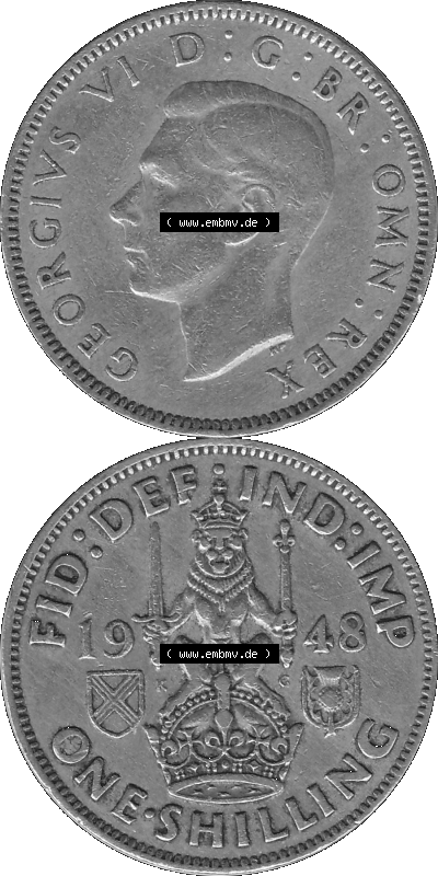 Alte Münze Großbritannien, Bild in s/w bzw. Graustufen PNG-Grafik 1947-1948, 1 One Schilling - One Shilling, 1948 (Stück 2)... Sammlung