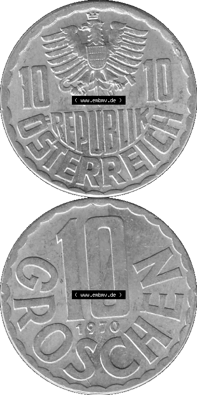 10 / Zehn Groschen Österreich in s/w Schwarzweiß bzw. Graustufen Farbgebung von Scanner transparenten PNG 1951-2001, 10 Groschen... Sammlung
