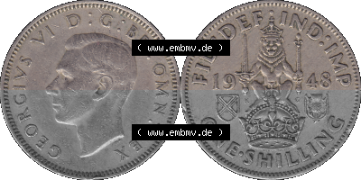 Alte Münze Großbritannien, Bild in Farbe bzw. Color PNG-Grafik 1947-1948, 1 One Schilling - One Shilling, 1948 (Stück 10) Sitzender... Sammlung