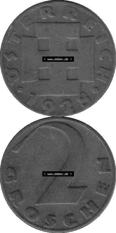 2 / Zwei Groschen Österreich in s/w Schwarzweiß bzw. Graustufen Farbgebung von Scanner transparenten PNG 1925-1938, 2 Zwei Groschen,... Sammlung