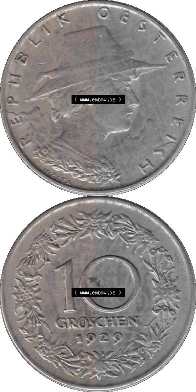 10 / Zehn Groschen Österreich in original Farbgebung von Scanner transparenten PNG 1925-1929, 10 Groschen 1929 (Stück 1), VS... Sammlung