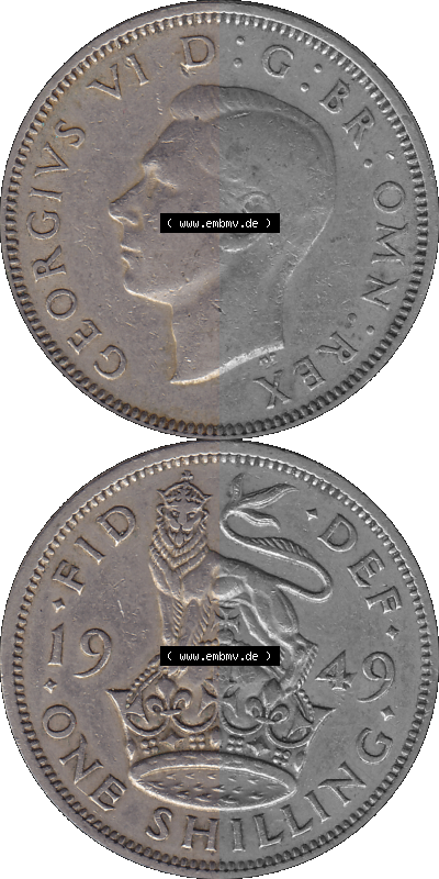 Alte Münze Großbritannien, Bild in Farbe bzw. Color PNG-Grafik 1949-1951, 1 One Schilling - One Shilling, 1949 (Stück 2) Stehender... Sammlung