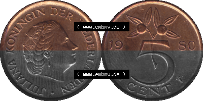 Alte Münze Niederlande in Farbe 1950-1980, 5 Cent Königin Juliana 1980, Nederland Sammlung