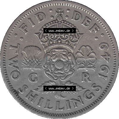 Alte Münze Großbritannien, Bild in Farbe bzw. Color PNG-Grafik, Umlaufmünze aus dem Zeitraum 1949-1951, 2 Schilling-Florin,... Sammlung