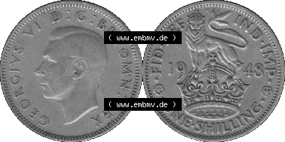 Alte Münze Großbritannien, Bild in s/w bzw. Graustufen PNG-Grafik 1947-1948, 1 One Schilling - One Shilling, 1948 (Stück 8)... Sammlung