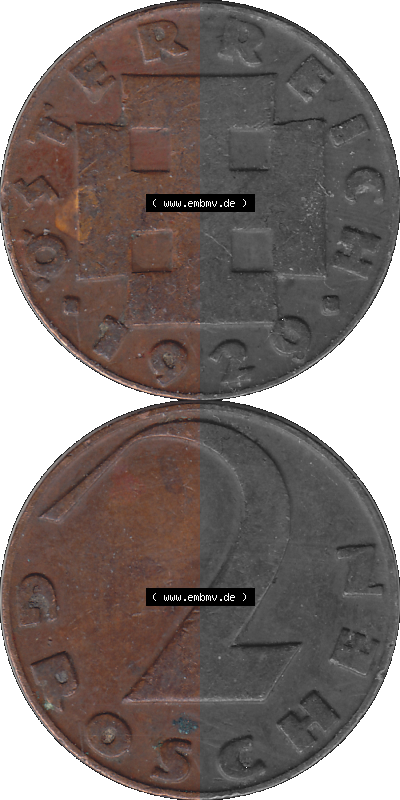 2 / Zwei Groschen Österreich in original Farbgebung von Scanner transparenten PNG 1925-1938, 2 Zwei Groschen, Krückenkreuz 1929... Sammlung