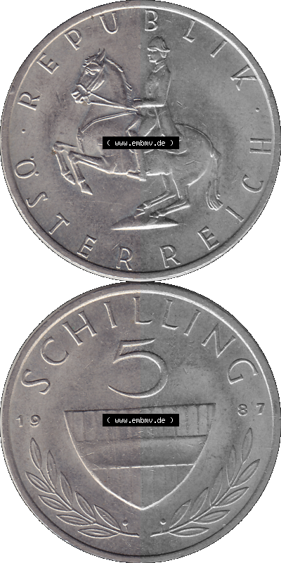 5 / Fünf Schilling Österreich in original Farbgebung von Scanner transparenten PNG 1968-2001, 5 Schilling 1987 (Stück 2), Reiter... Sammlung