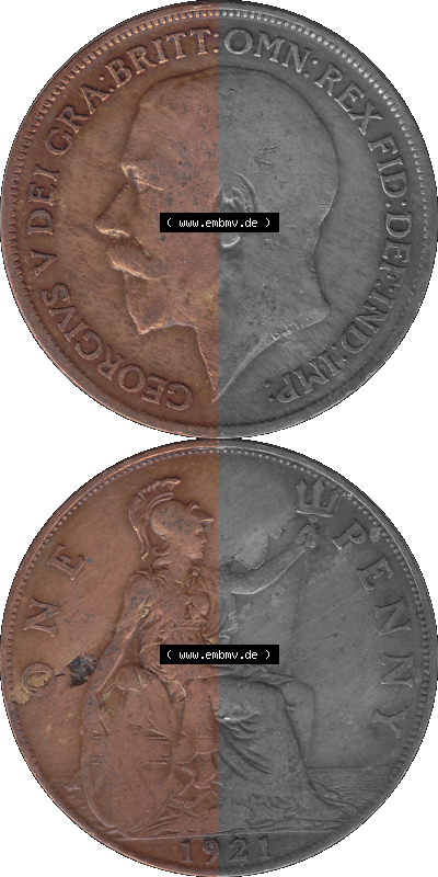 Großbritannien Umlaufmünze One Penny, 1 Pence 1911-1926, 1 One Penny, 1921 (Stück 1), George V, B.M. GEORGIVS V DEI GRABRITTOMNREX... Sammlung