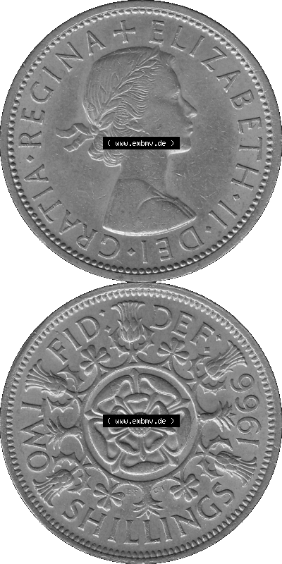 Alte Münze Großbritannien, Bild in s/w bzw. Graustufen PNG-Grafik, Umlaufmünze aus dem Zeitraum 1954-1970, 2 Schilling-Florin,... Sammlung