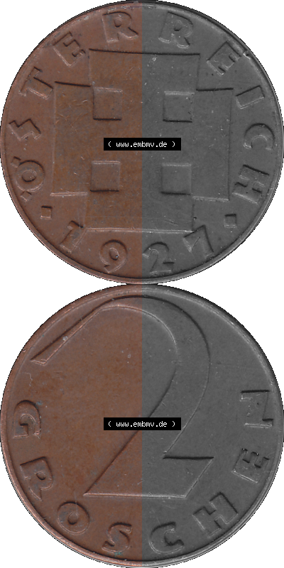 2 / Zwei Groschen Österreich in original Farbgebung von Scanner transparenten PNG 1925-1938, 2 Zwei Groschen, Krückenkreuz 1927... Sammlung