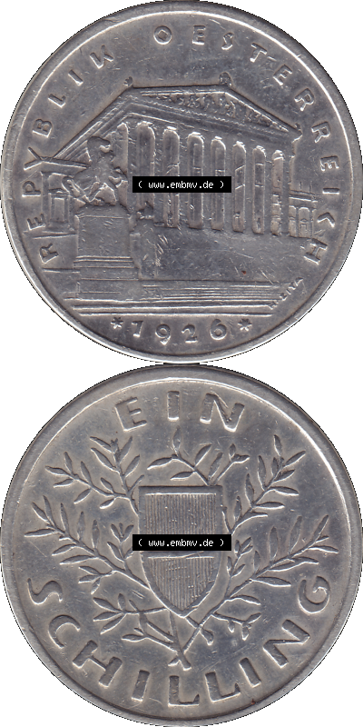 Österreich Ein - 1 Schilling 1925-1932, 1 Schilling 1926 (Stück 1) Silbermünze Parlamentsgebäude in Wien, Bindenschild 6 Gramm... Sammlung